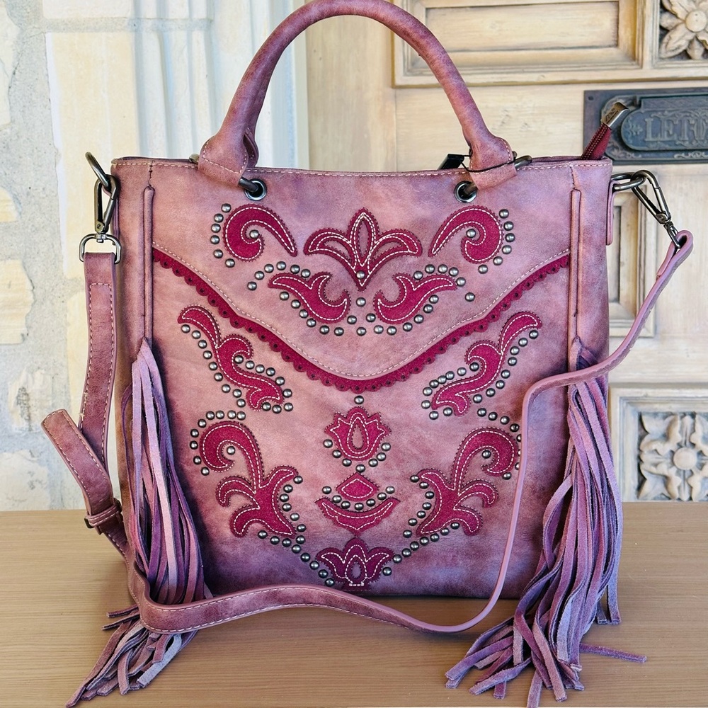 Montana West Purple Studded Fringe Satchel with Matching Wallet - Picture 8 of 10